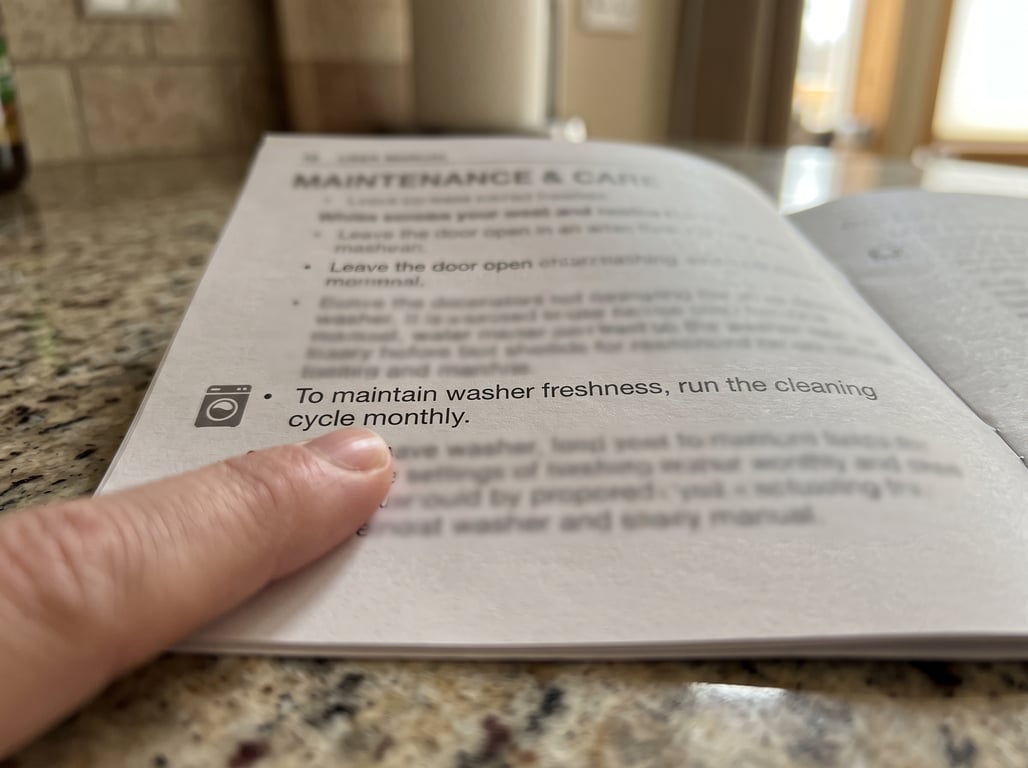 A finger pointing to a line in a washer manual: To maintain washer freshness, run the cleaning cycle monthly