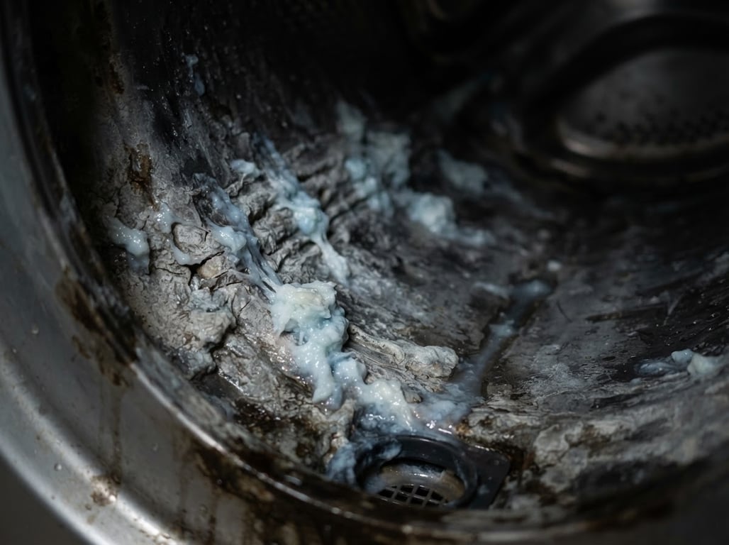 Soap residue clinging to dark buildup inside a washer drum