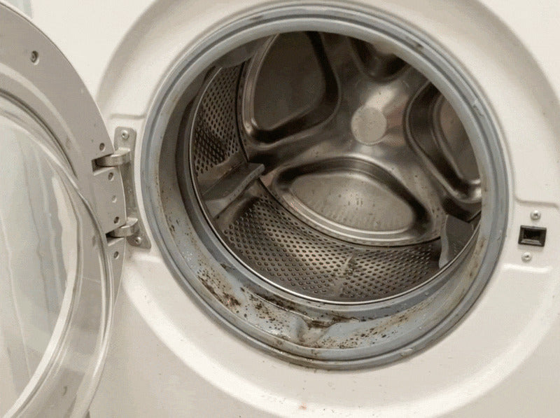 An empty front-loader drum with the door open