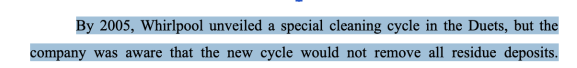 Highlighted opinion text: the company was aware that the new cycle would not remove all residue deposits