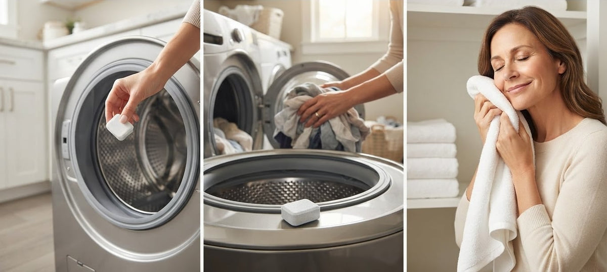 Dropping a tablet in the empty drum, running a cycle, and smelling fresh towels