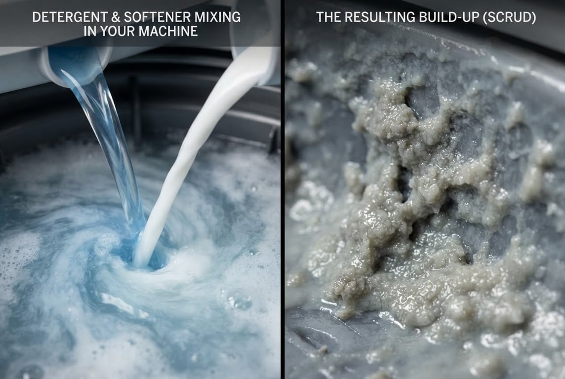 Detergent and softener mixing in the machine, and the resulting scrud build-up