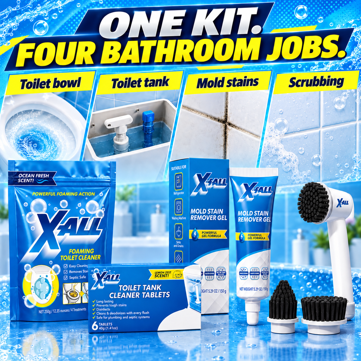 Bathroom Kit coverage for bowl, tank, mold stains and scrubbing