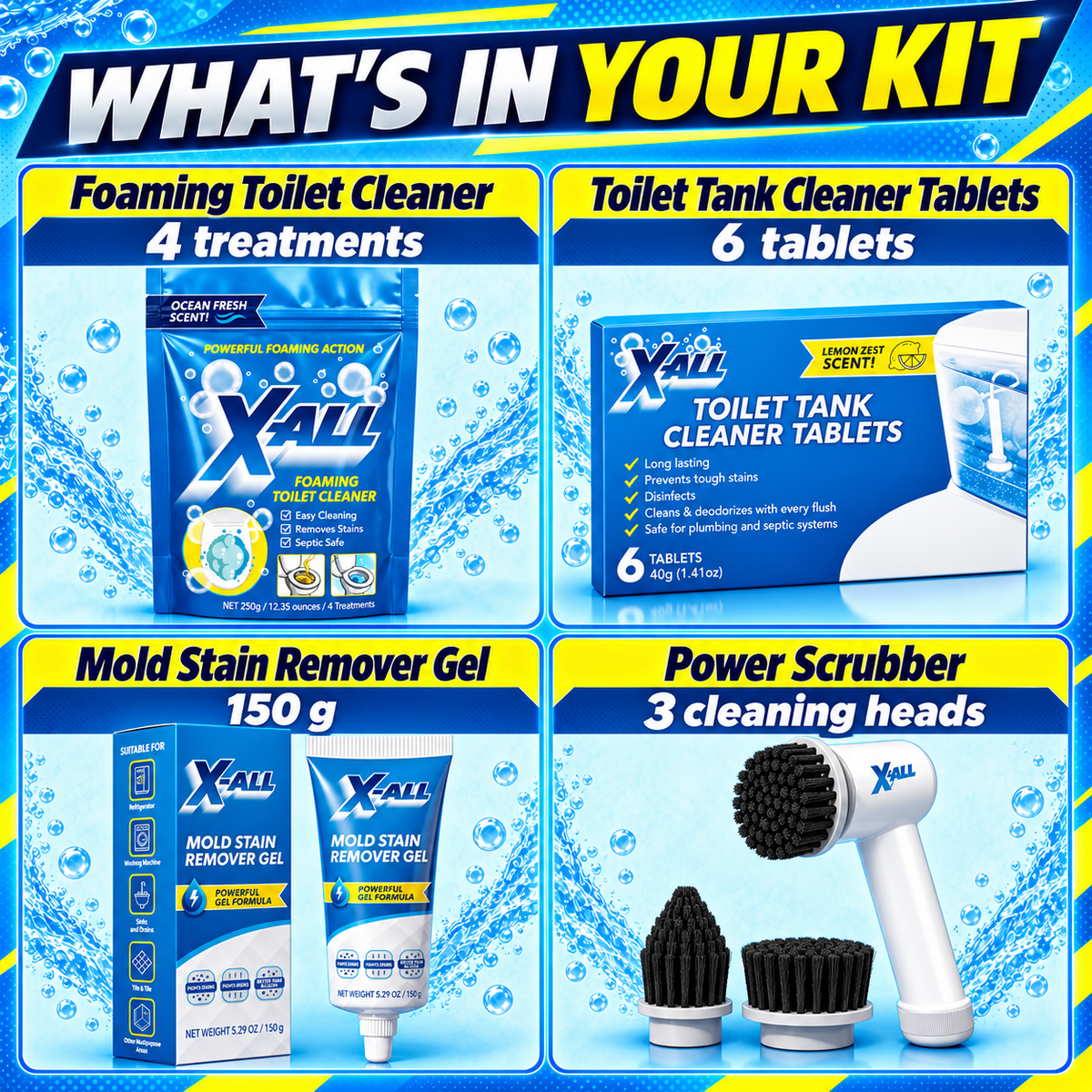 Bathroom Kit contents: Foaming Toilet Cleaner, Toilet Tank Cleaner Tablets, Mold Stain Remover Gel and Power Scrubber