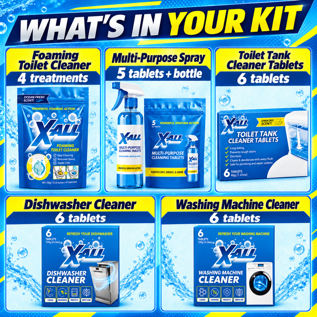 Bestsellers Kit contents: Foaming Toilet Cleaner, Multi-Purpose Spray, Toilet Tank Cleaner Tablets, Dishwasher Cleaner and Washing Machine Cleaner
