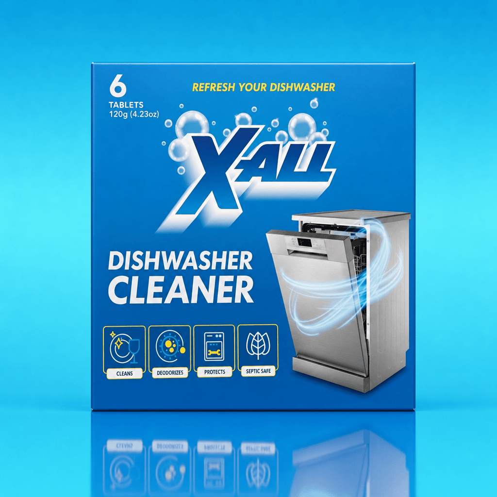 Original supplied X-All Dishwasher Cleaner packshot.