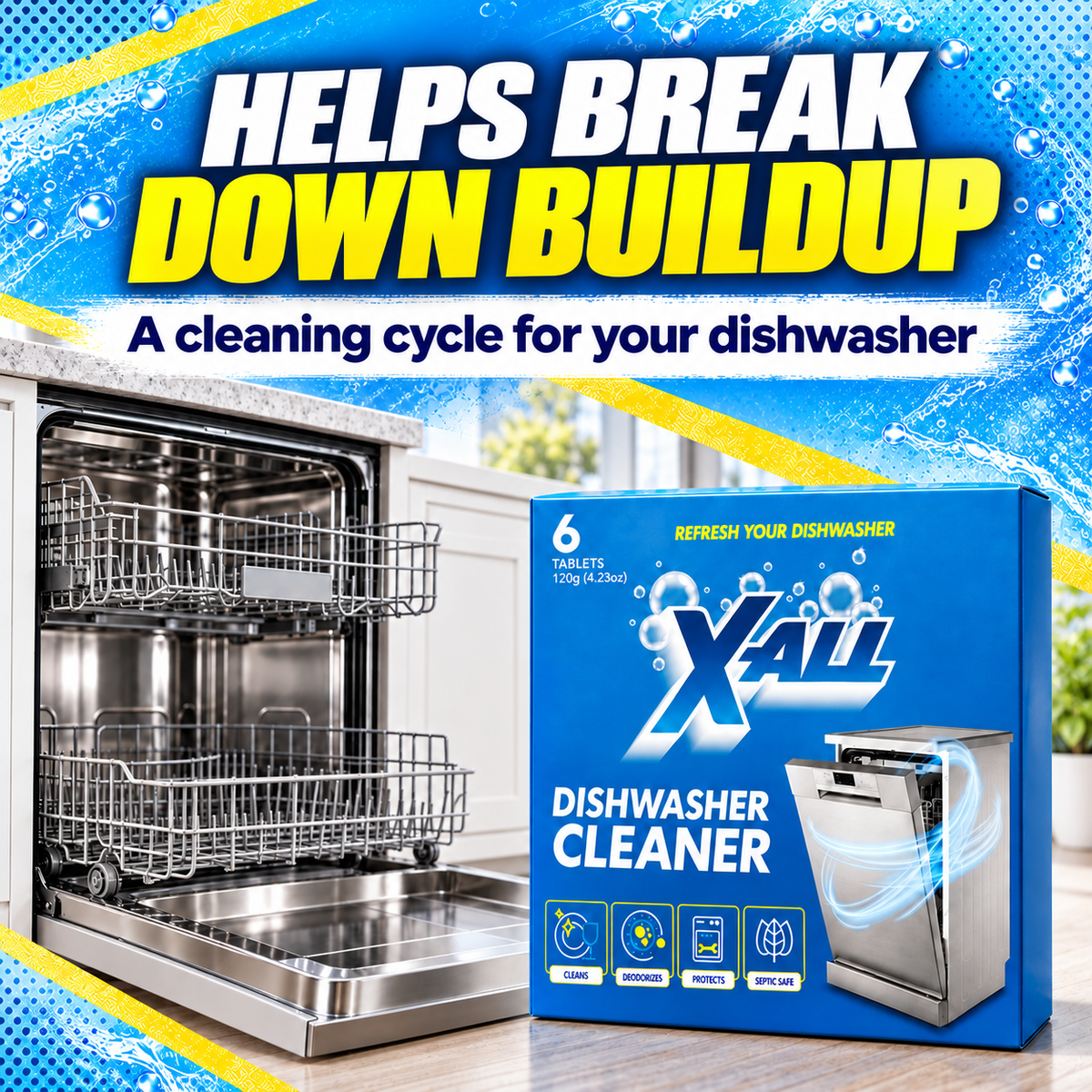 Dishwasher Cleaner: HELPS BREAK DOWN BUILDUP. A cleaning cycle for your dishwasher.