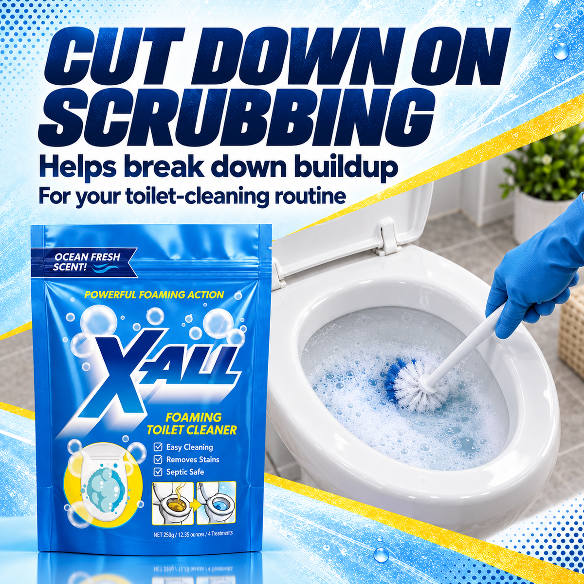 Cut down on scrubbing. Helps break down buildup. For your toilet-cleaning routine. X-All Foaming Toilet Cleaner pouch beside an illustrative bowl-cleaning scene.