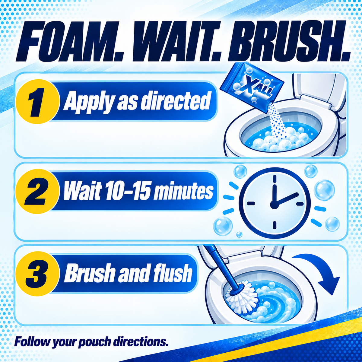 Foam. Wait. Brush. 1. Apply as directed. 2. Wait 10–15 minutes. 3. Brush and flush. Follow your pouch directions.
