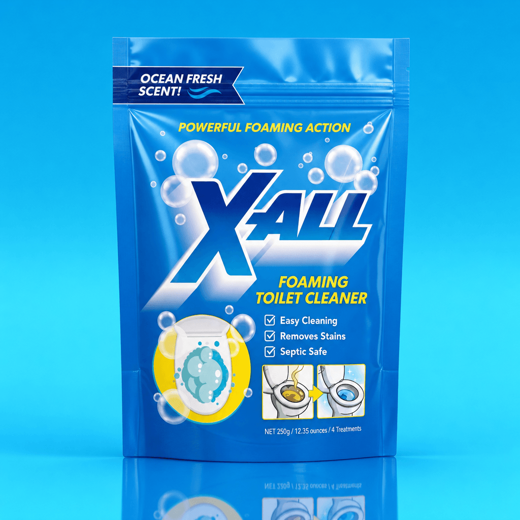 X-All Foaming Toilet Cleaner blue pouch with 4 treatments, on a blue background.