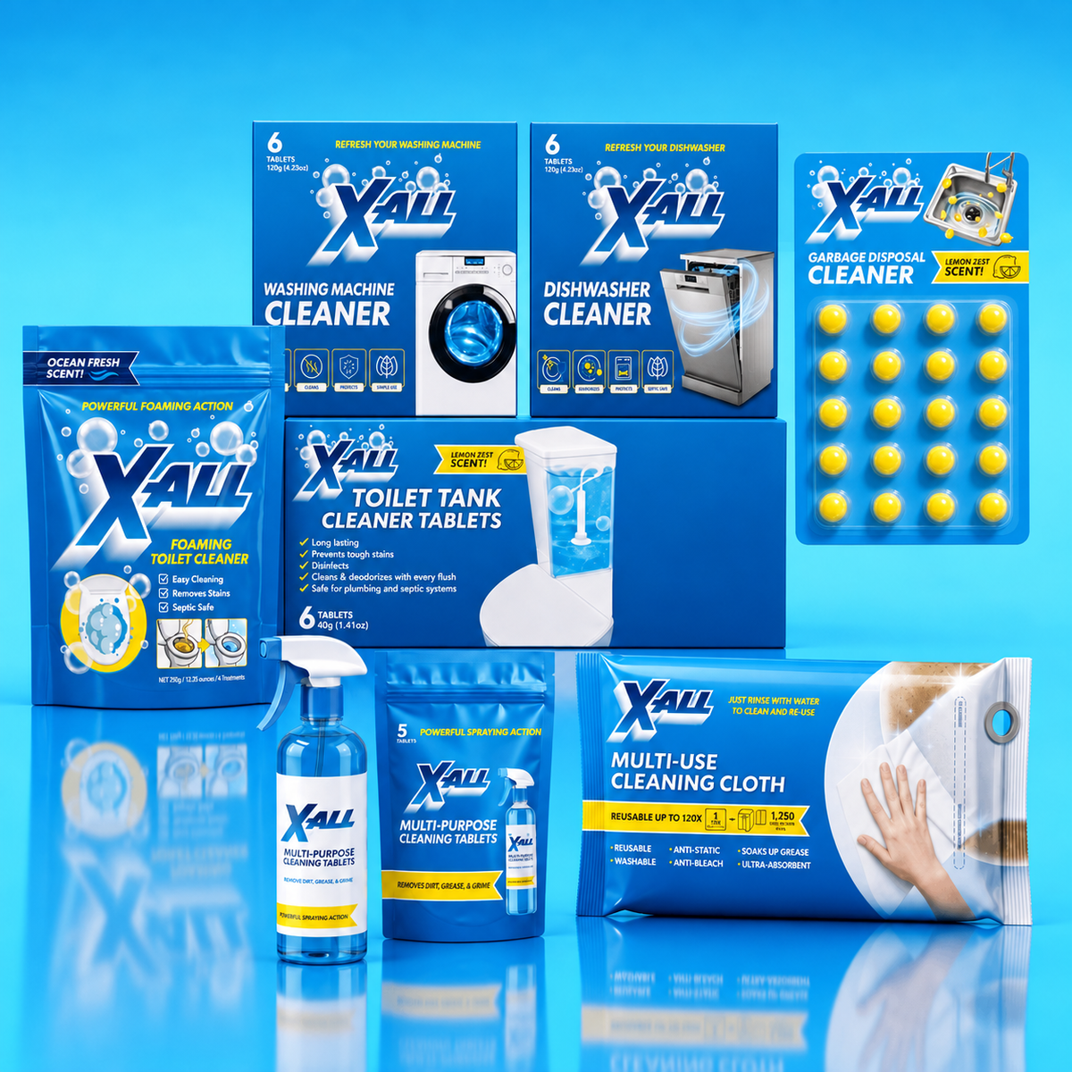 X-All Home Care Kit packshot with seven products and 20 disposal-cleaner balls