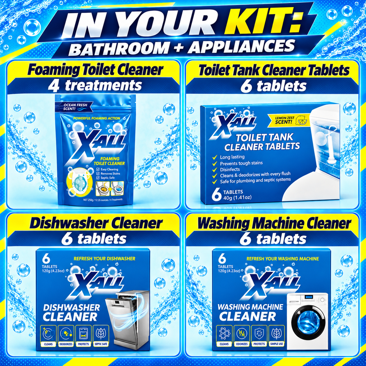 Home Care Kit bathroom and appliance contents: four cleaning products