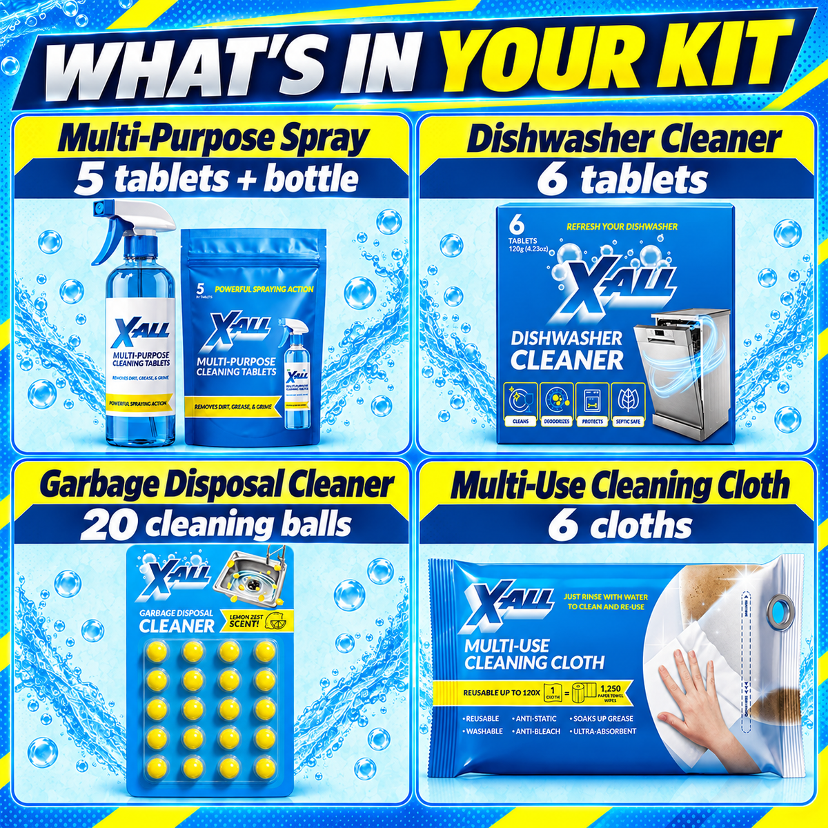 Grease & Dishes Kit contents: Multi-Purpose Spray, Dishwasher Cleaner, Garbage Disposal Cleaner and Multi-Use Cleaning Cloth