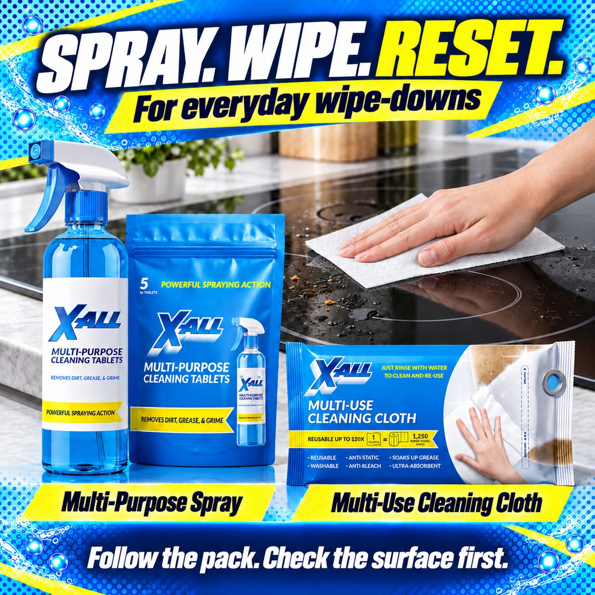 Multi-Purpose Spray and Multi-Use Cleaning Cloth for spray-and-wipe cleaning
