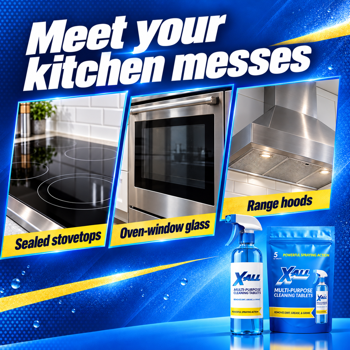 X-All Multi-Purpose Spray kitchen uses: sealed stovetops, oven-window glass, and range hoods.
