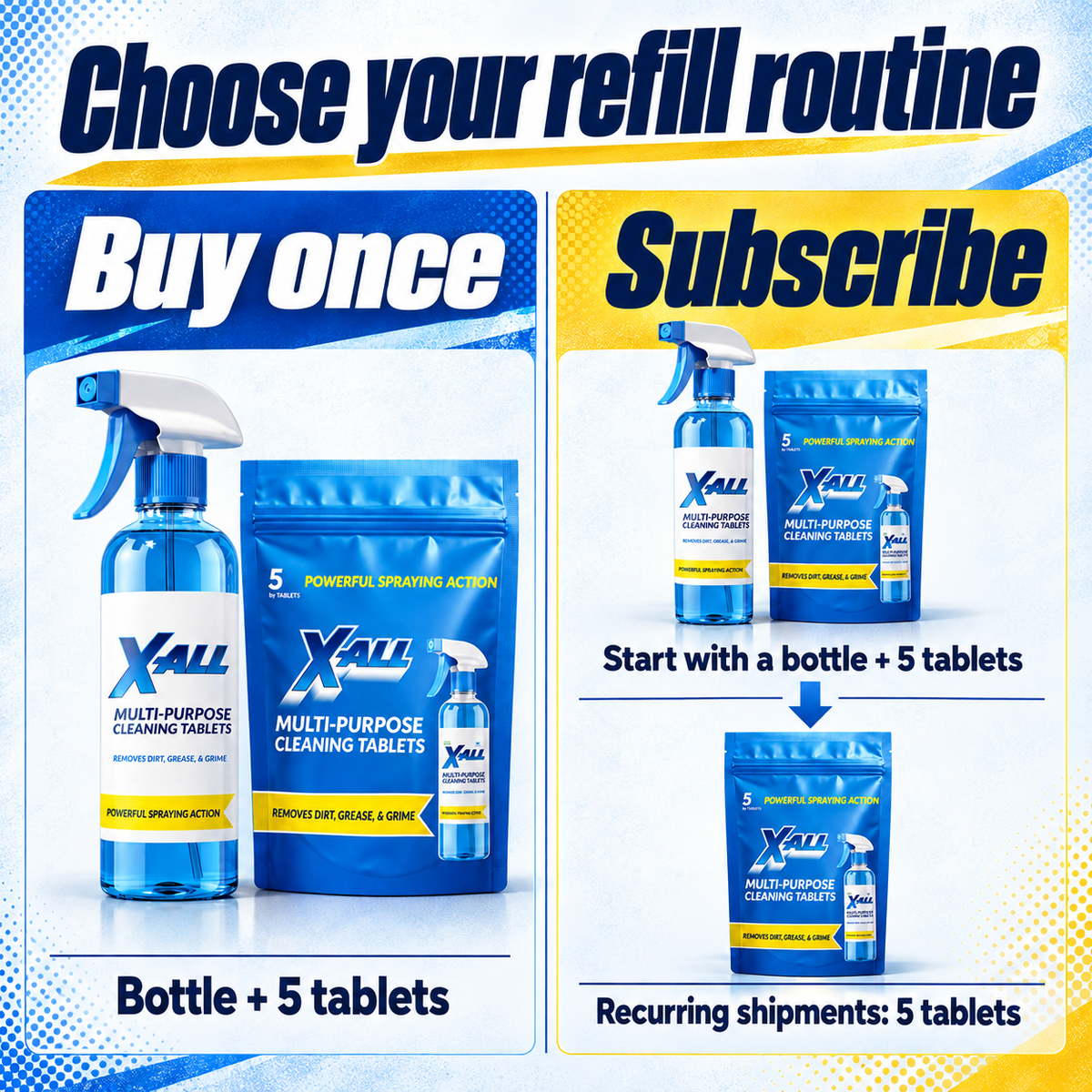 Choose your refill routine. Buy once: bottle + 5 tablets. Subscribe: start with a bottle + 5 tablets; recurring shipments contain 5 tablets.