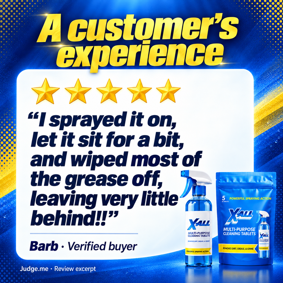 A customer’s experience. Five-star Judge.me review excerpt from Barb, verified buyer: “I sprayed it on, let it sit for a bit, and wiped most of the grease off, leaving very little behind!!”
