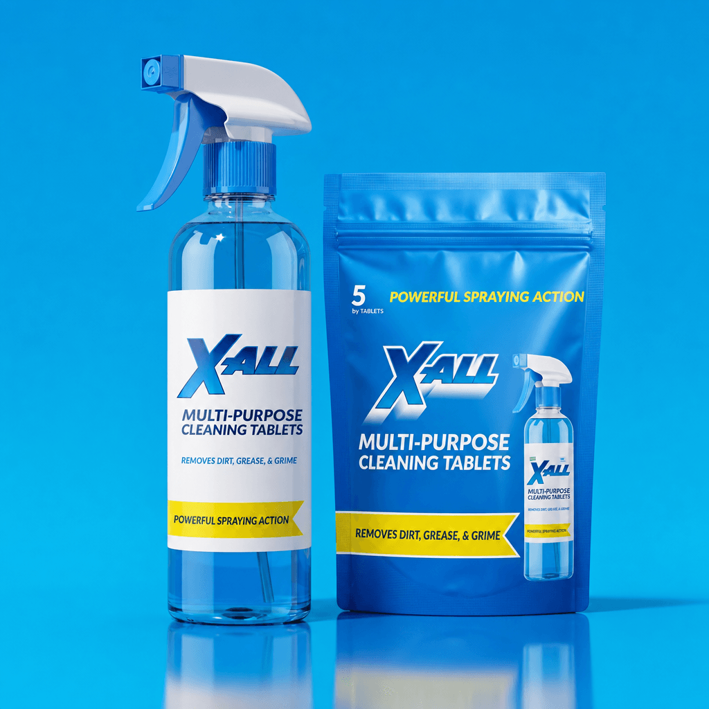 X-All Multi-Purpose Spray reusable bottle and pouch of 5 cleaning tablets on a blue background.