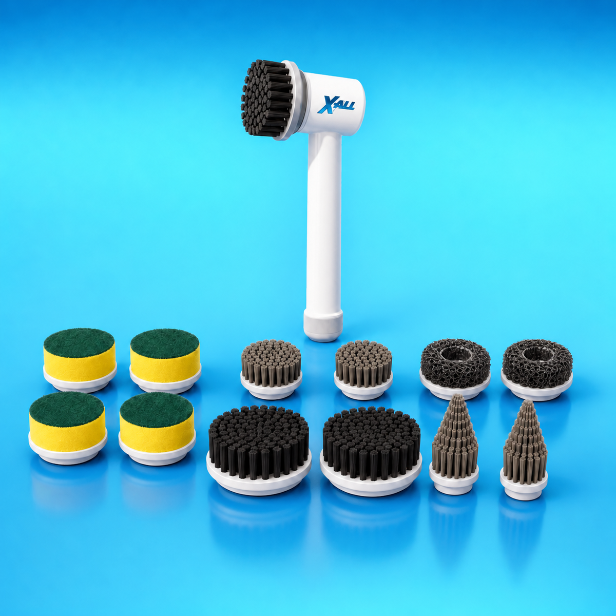 X-All Power Scrubber Mega Kit with one scrubber and 13 heads total