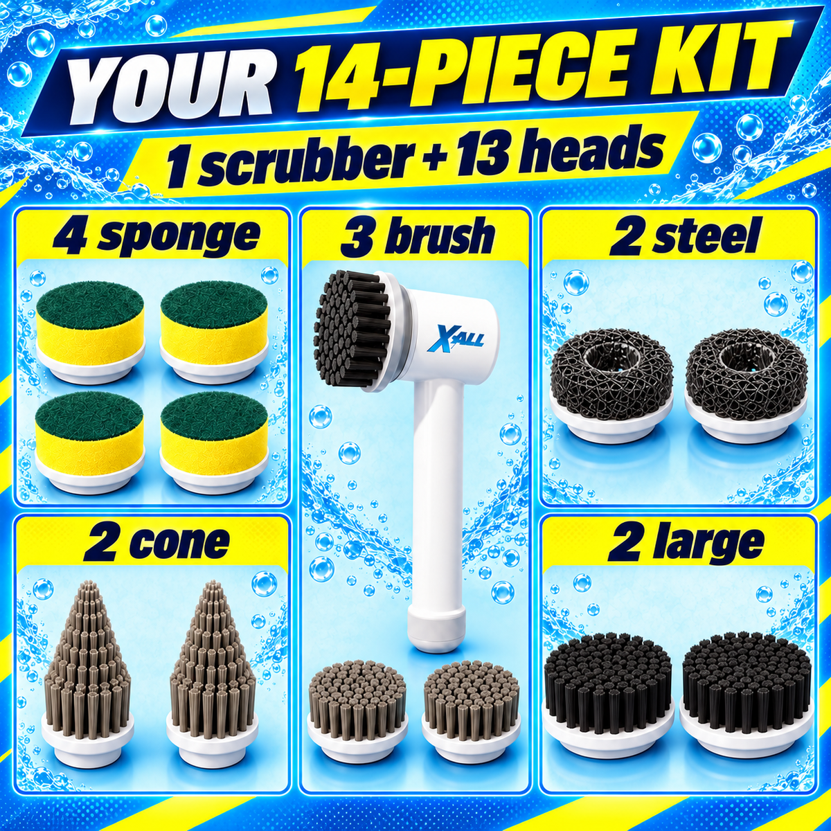 Power Scrubber Mega Kit contents: one scrubber plus 13 heads, including the attached head