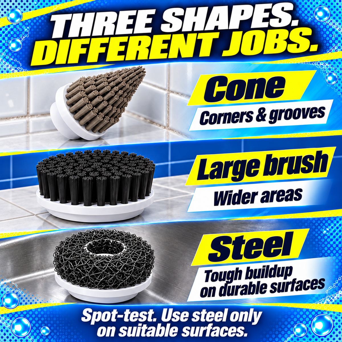 Power Scrubber steel, cone and large brush head guide