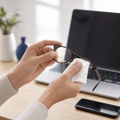 Adult cleaning eyeglasses with a wipe beside a laptop and mobile phone