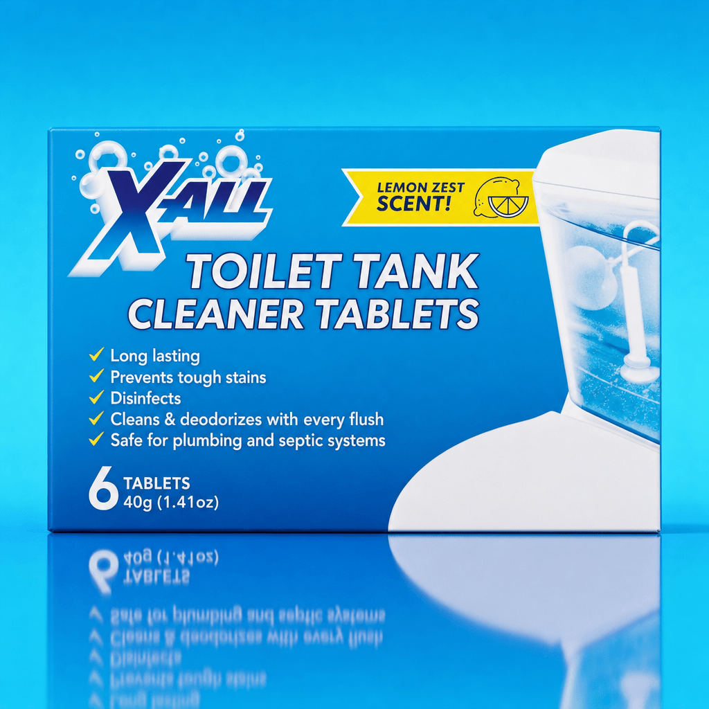 Original supplied X-All Toilet Tank Cleaner Tablets packshot.