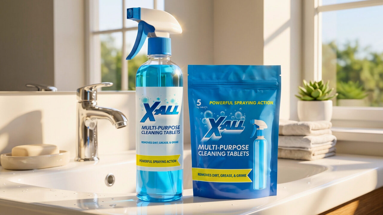 X-ALL Multi-Purpose Cleaner bottle and tablet pack